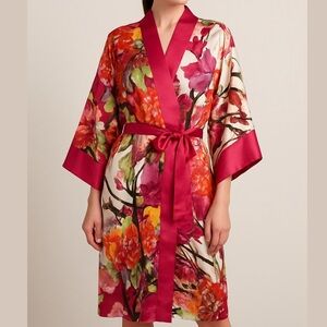NATORI floral satin kimono robe colorful belted housecoat hot pink size large